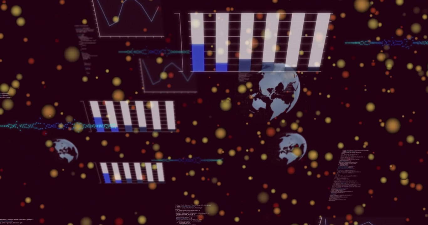 Camera moving forward starting 3D data cluster showing blue bars and globes focusing on tallest bar