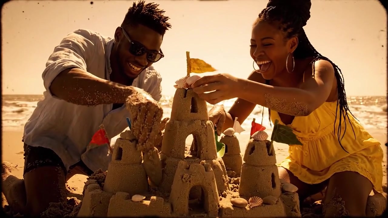 A Joyful Day at the Beach: Friends Building a Creative Sandcastle Together, Enjoying Sunshine and Waves in a Relaxing Coastal Environment.