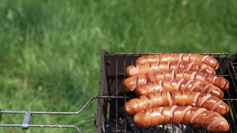 sausages grilling on the barbecue. juicy sausages frying on a fire. hot delicious meat.