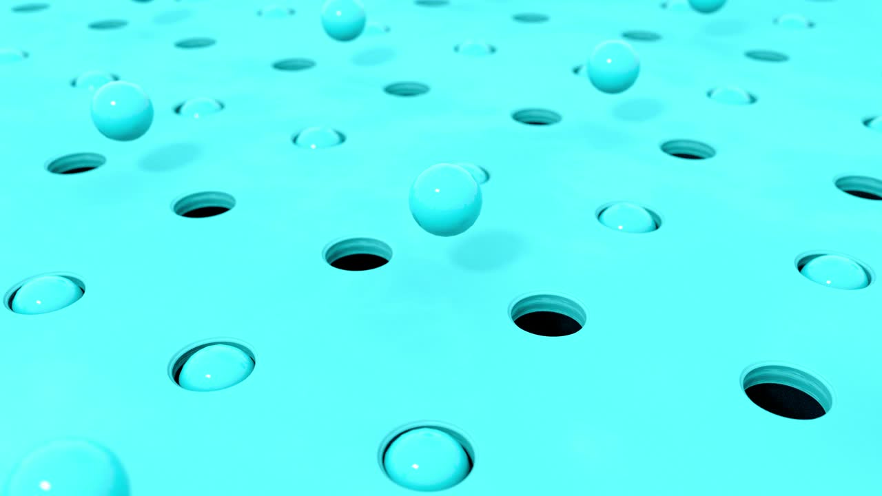Abstract 3d shapes turquoise balls flying in holes in different pastel colors. 4K computer rendering loop animation.