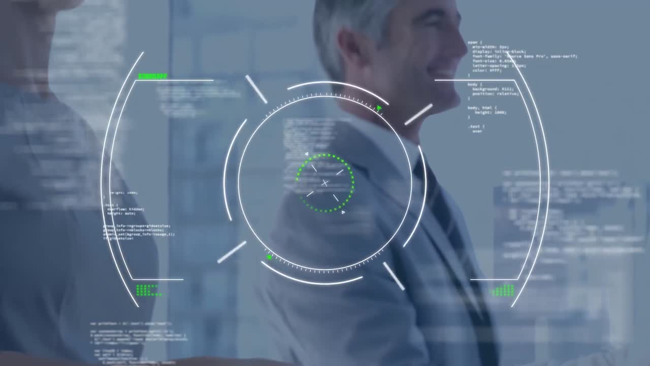 animación de escaneo de alcance y procesamiento de datos sobre el apretón de manos de un hombre de negocios