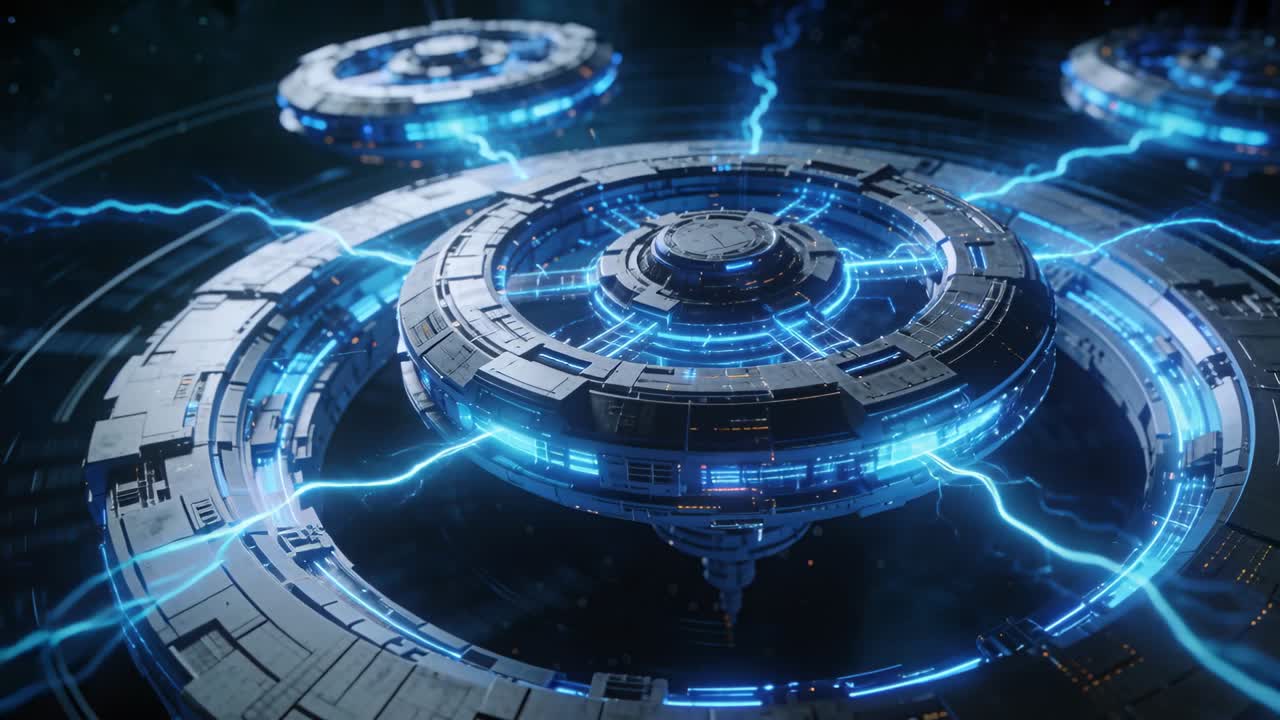 Stazione spaziale ad anelli pulsante che avvia un'impennata di energia, inviando luminosi archi blu tra gli anelli, tra le stelle.