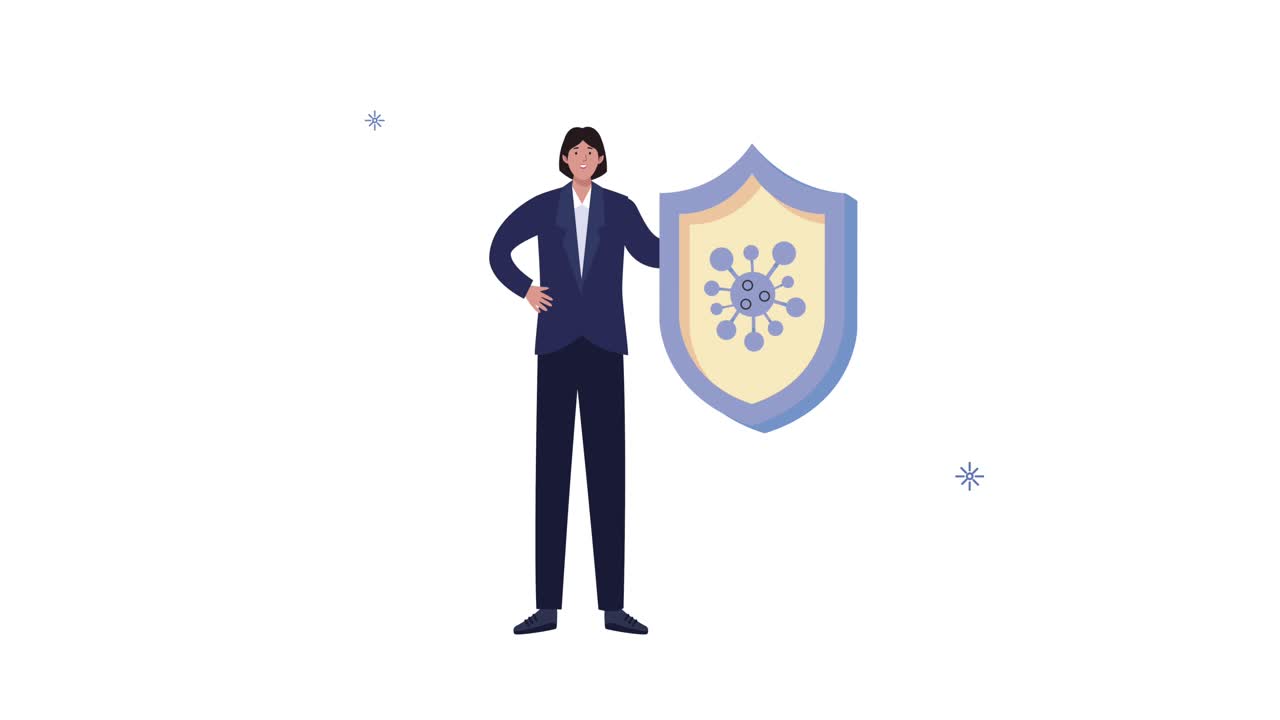 코로나19 입자를 가진 방패를 들어 올리는 사업가