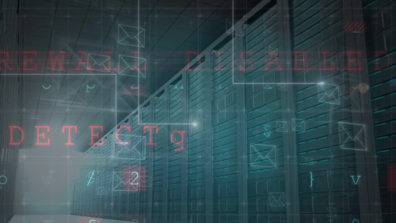 Animation of email icons over security warnings and processing data