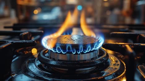 gas burner with blue flame in kitchen. a gas burner is lit, producing a vibrant blue flame in a modern kitchen setting, highlighting the cooking process.
