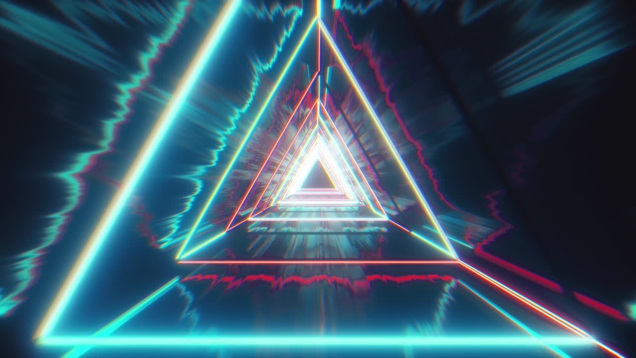 volando a través de triángulos de neón brillantes