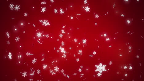 copos de nieve blancos de navidad y partículas de luz moviéndose en fondo bokeh rojo