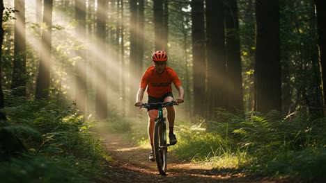 a mountain biker navigates through a lush forest trail as sunbeams filter through the tall trees, creating a serene and vibrant atmosphere in nature.