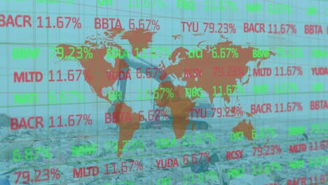 animación del procesamiento de datos financieros con un mapa del mundo sobre un vertedero de basura