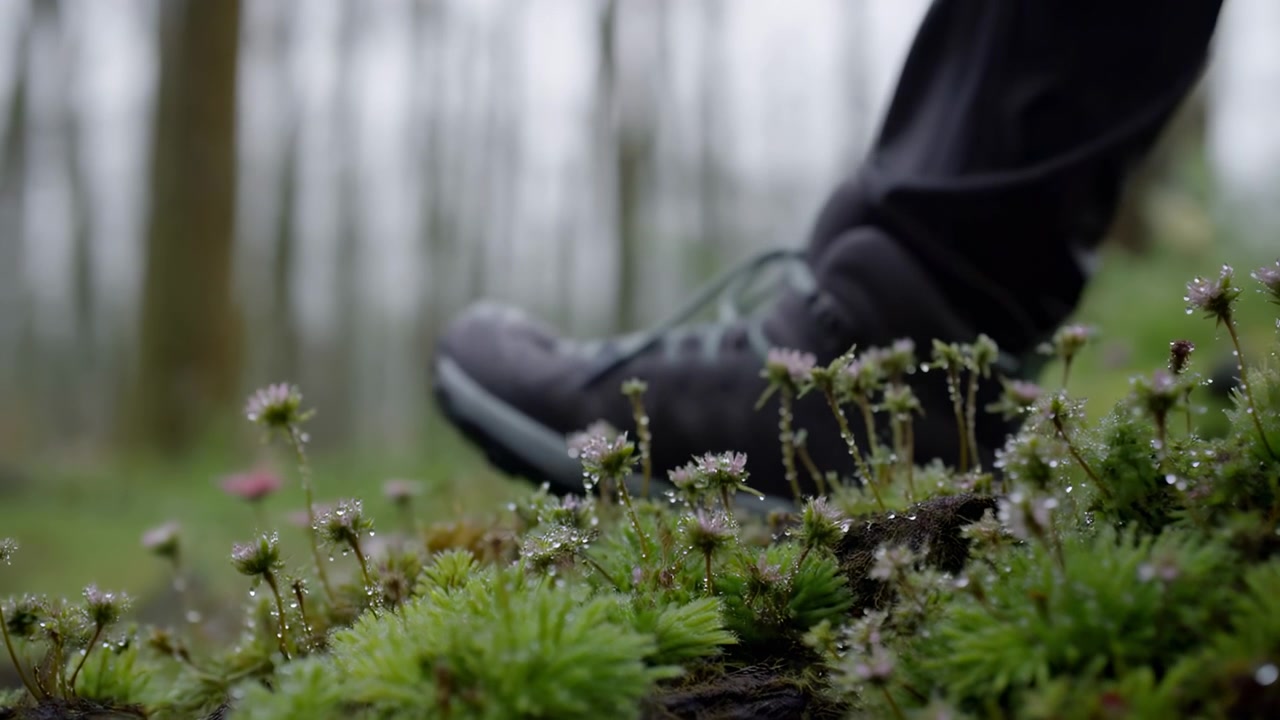 Close-up view of vibrant green moss and small plants covering the woodland ground, with soft vertical tree trunks fading into a blurred background and a dark
