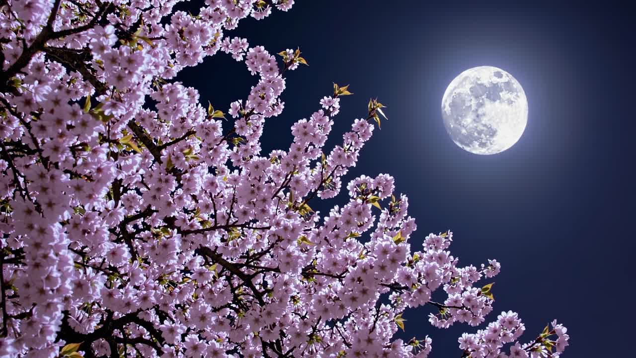 一段寧靜的夜景影片，低角度拍攝滿月下的櫻花。