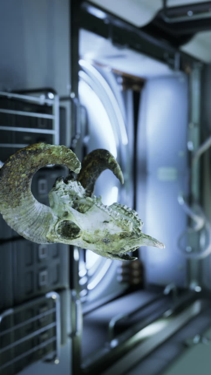 Mysterious ram skull floats in a glowing futuristic corridor