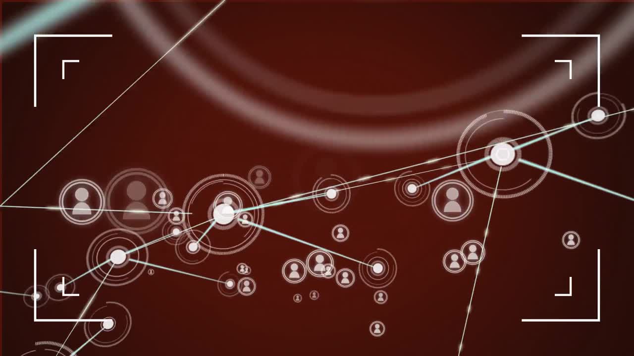 ⁇ 색 범위와 연결된 사람들의 네트워크의 애니메이션 아이콘이 어두운 빨간색 배경에 움직입니다.