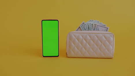 smartphone and wallet with money on yellow background