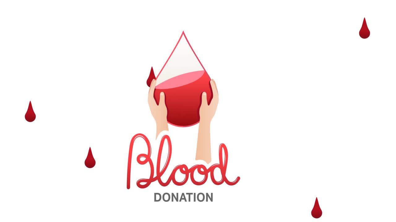 animación del texto de la donación de sangre y las gotas de sangre que caen sobre un fondo blanco