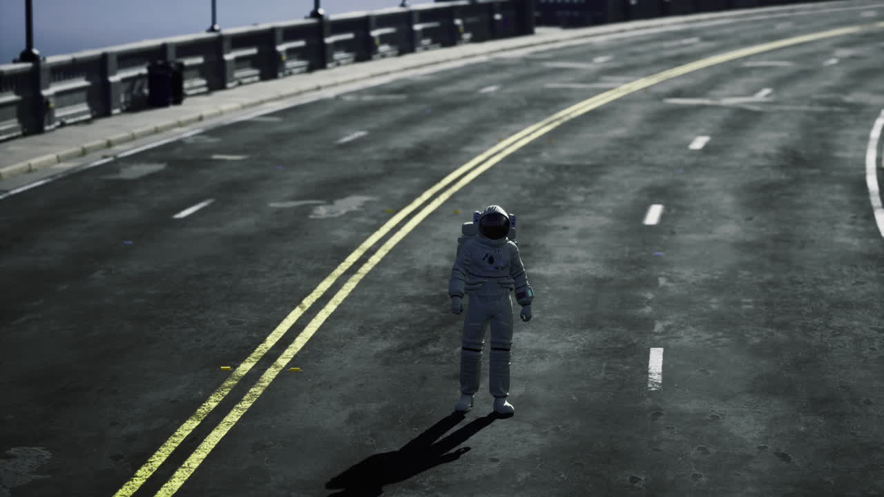 Astronaut walking alone on deserted road in urban area under clear sky