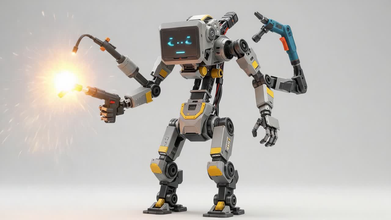 Innovative Robot with Animated Face Technology Engaged in Welding Task, Showcasing Precision and Modern Engineering in a Futuristic Environment