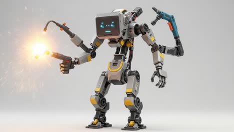 innovative robot with animated face technology engaged in welding task, showcasing precision and modern engineering in a futuristic environment
