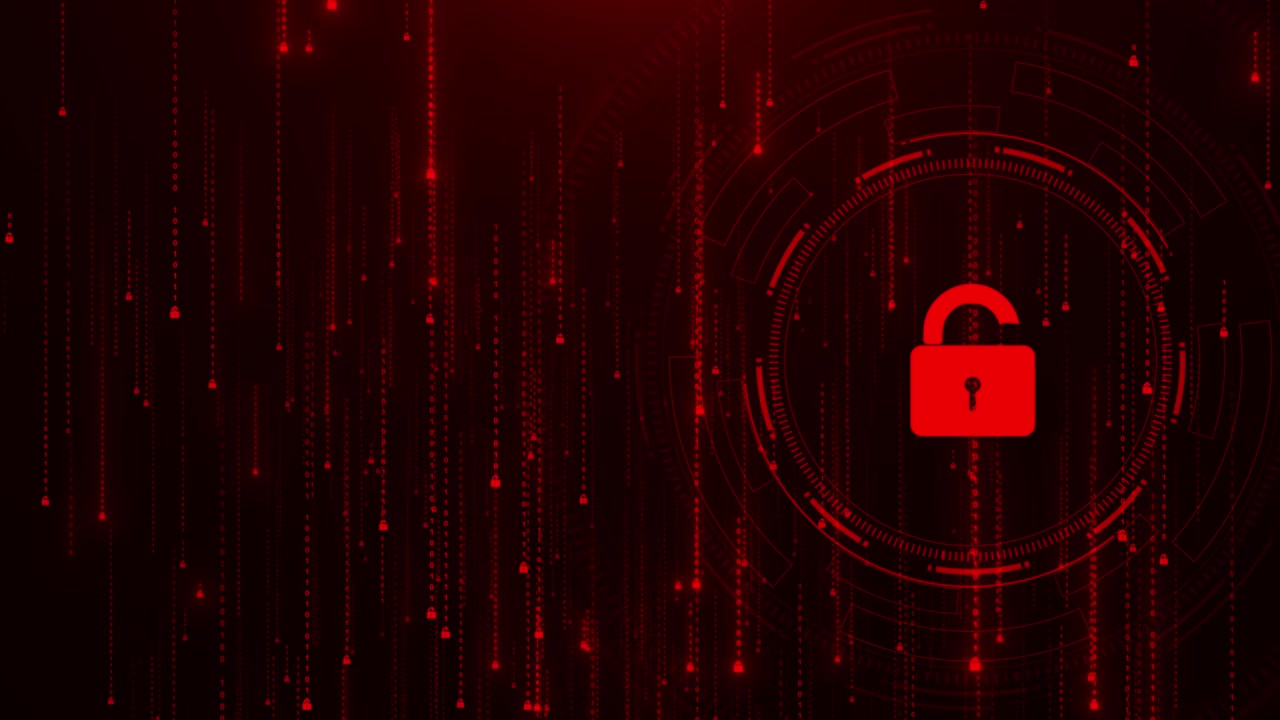 Sfondo di sicurezza cibernetica rosso con sblocco, lucchetto aperto, codice che cade, simboli di avviso digitali, tecnologia circolare.