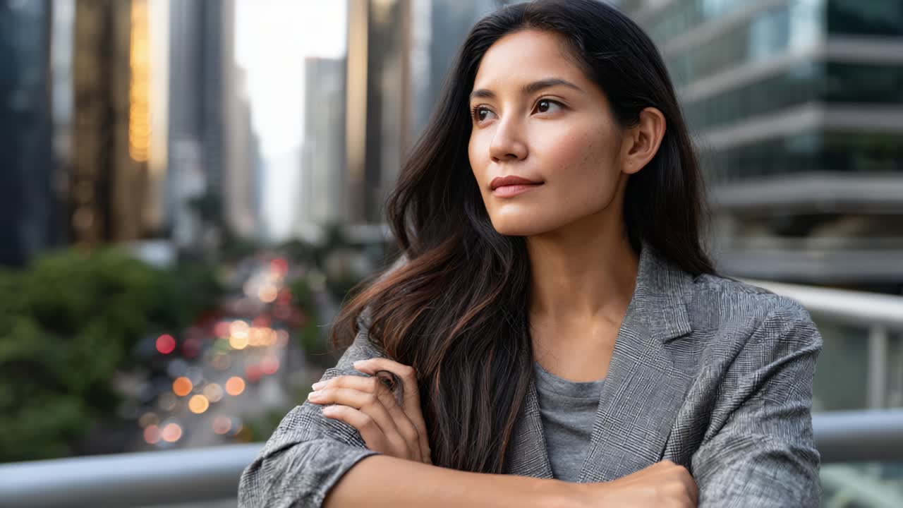 Confident and Reflective: A Woman in a Cityscape Contemplates Life Amidst Urban Vibes and Skyscrapers