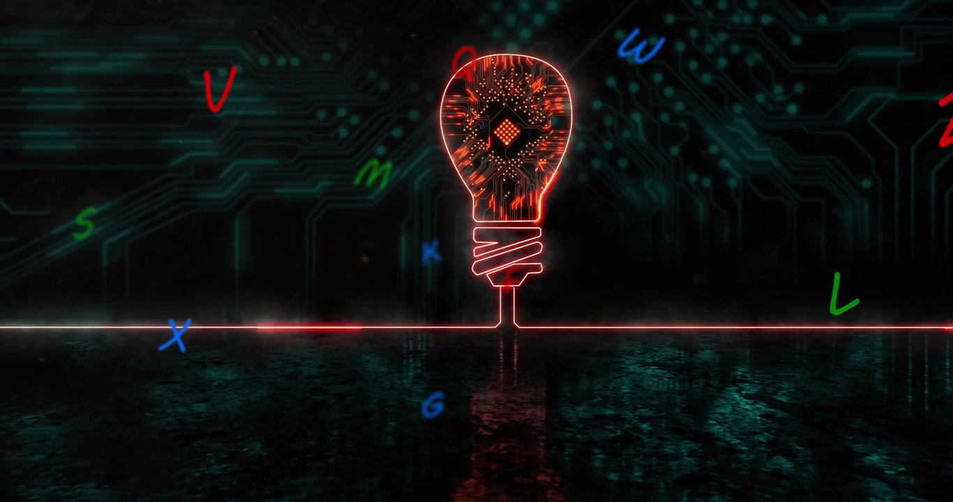 Lampadina al neon che pulsa su un filo al neon, lettere che fluttuano e si allineano, concentrando scintille di chip per la tecnologia