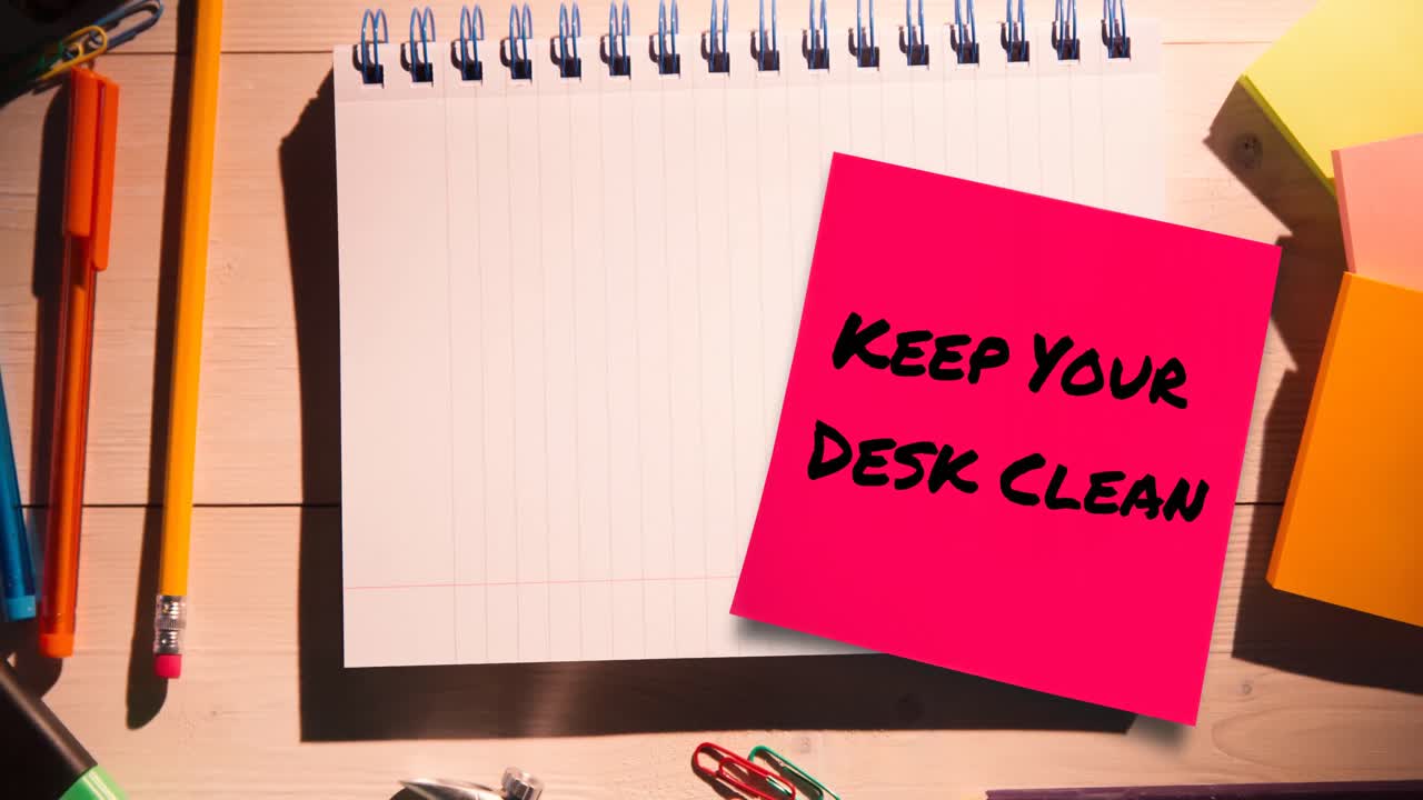 Animation of keep your desk clean text on memo note over notebook on desk