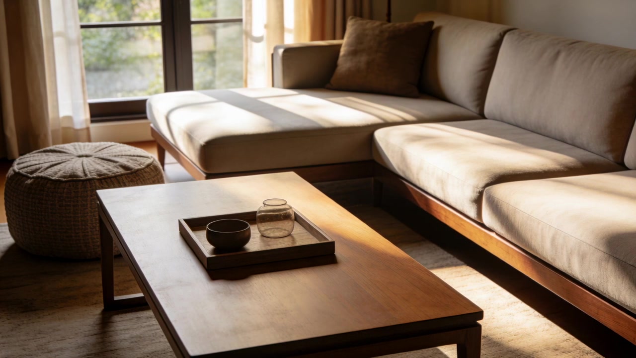 Strahlendes Fensterlicht wirft Schatten über ein L-Sofa und einen Couchtisch mit Tablett im Wohnzimmer.