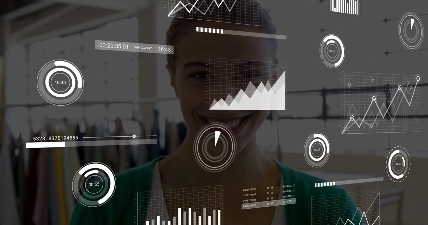 Data feed updating, showroom staff standing, HUD overlaying timers, rings, charts visualizing sales