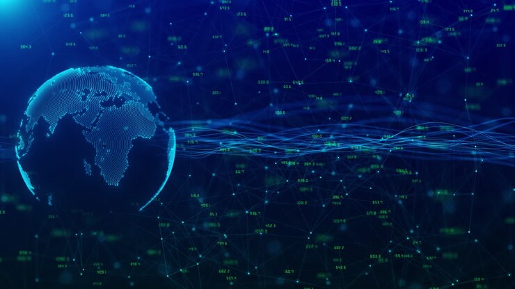 Abstract world technology blue dots modern web 3 0 access to information services control blockchain