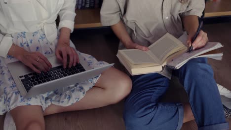 female college students learning together in university library on the floor, high angle