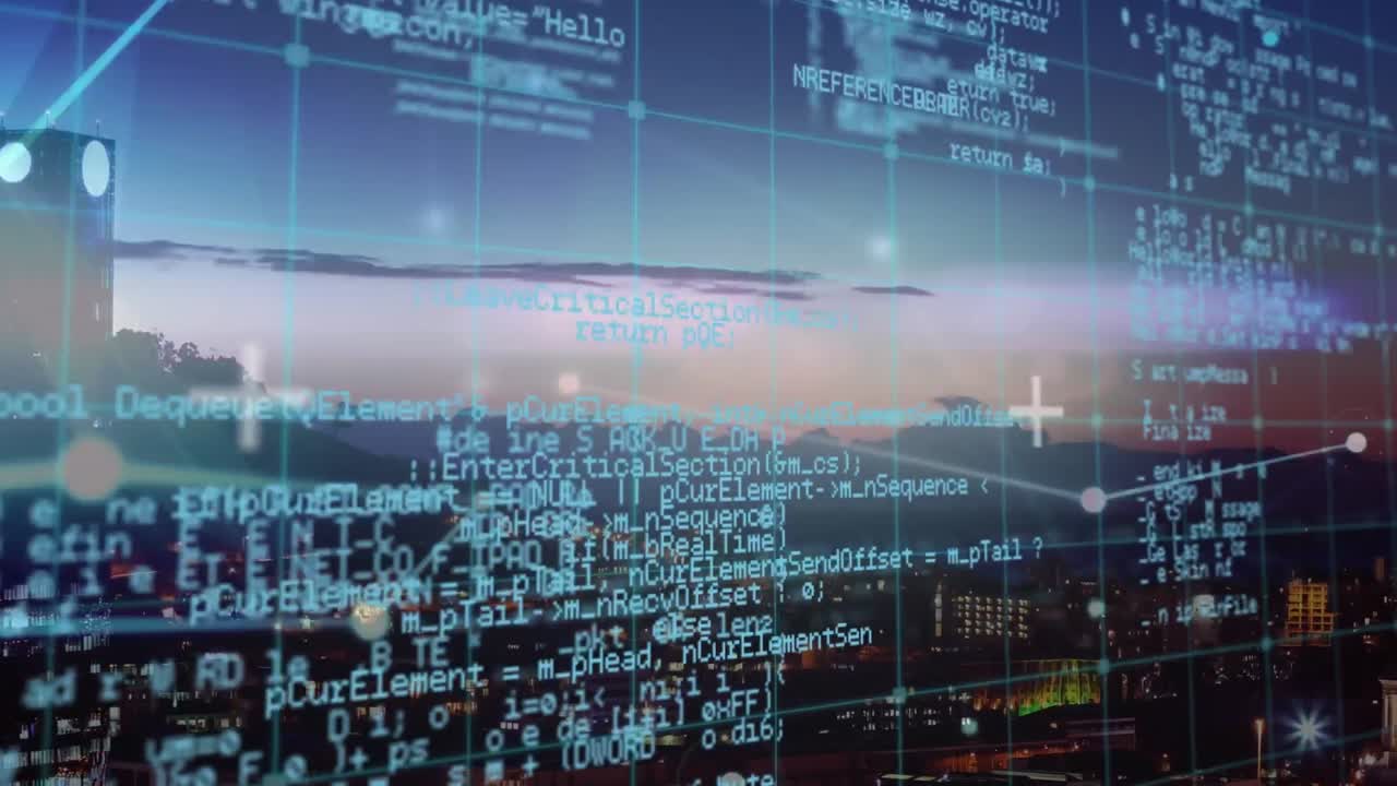 Animation of network of connections and data processing over cityscape