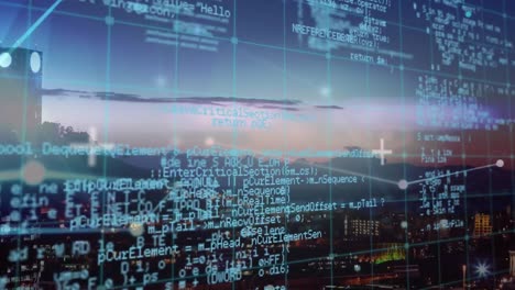 animation of network of connections and data processing over cityscape