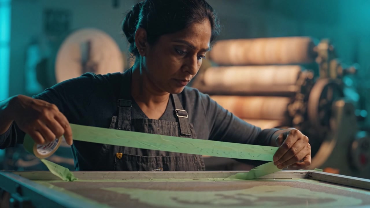 Crafting Artistry: A Skilled Artisan Engages in Precision Work with a Squeegee, Showcasing the Intricate Process of Screen Printing and Artistic Creation.