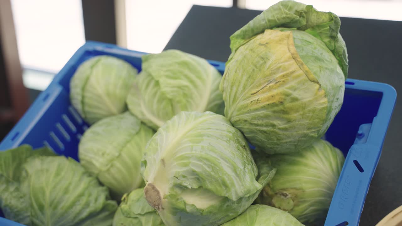 Closeup shot of cabbage at grocery store. Fresh produce.