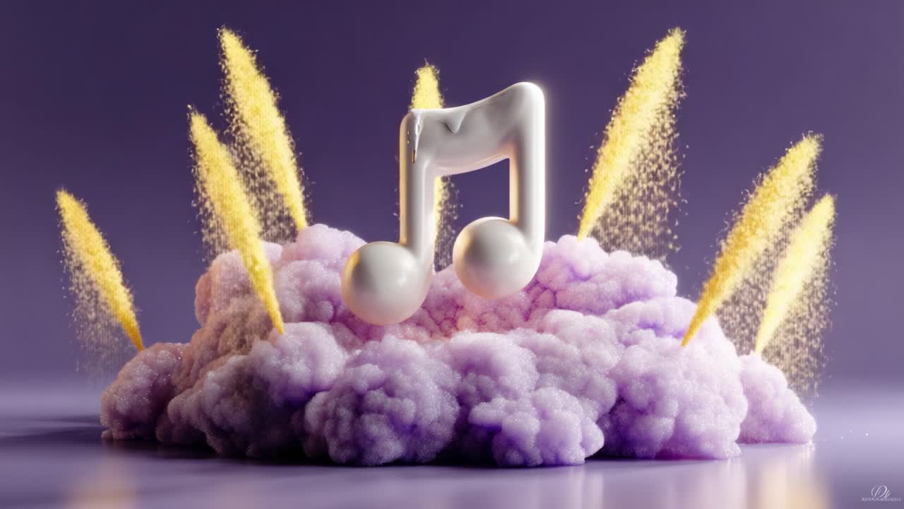 A Captivating Musical Composition Emerges from a Cloud of Purple Haze, Featuring a Striking White Music Note Amidst Golden Sprays of Celebration
