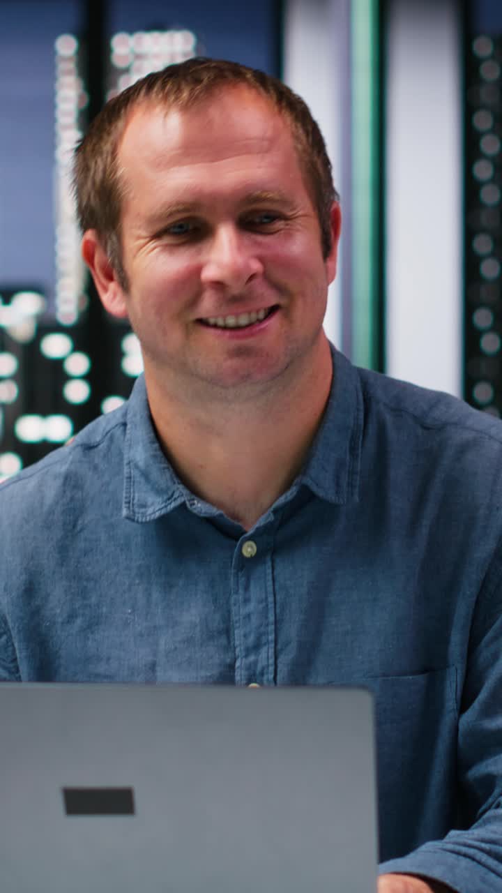 Vertical Video Business manager in modern workplace sharing insights and reports