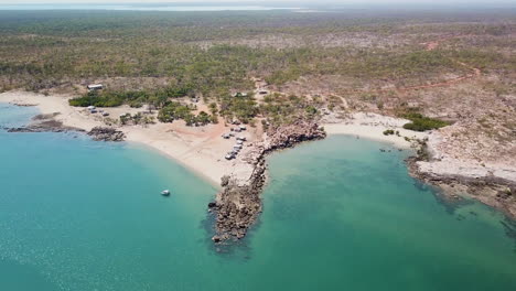 Aerial,-remote-campground-on-remote-tropical-Northern-Australia-Kimberley-coast,-pullback