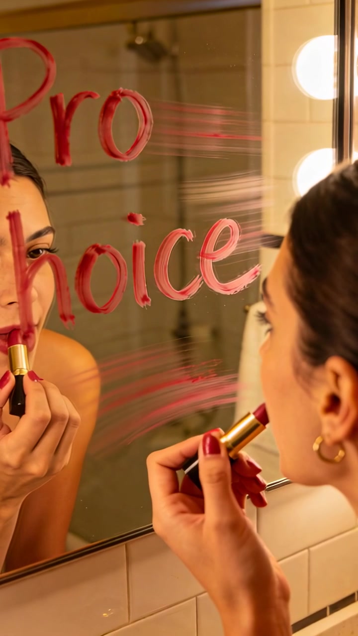 Vertical video: Seeing Pro choice on mirror woman applying red lipstick checking to show support