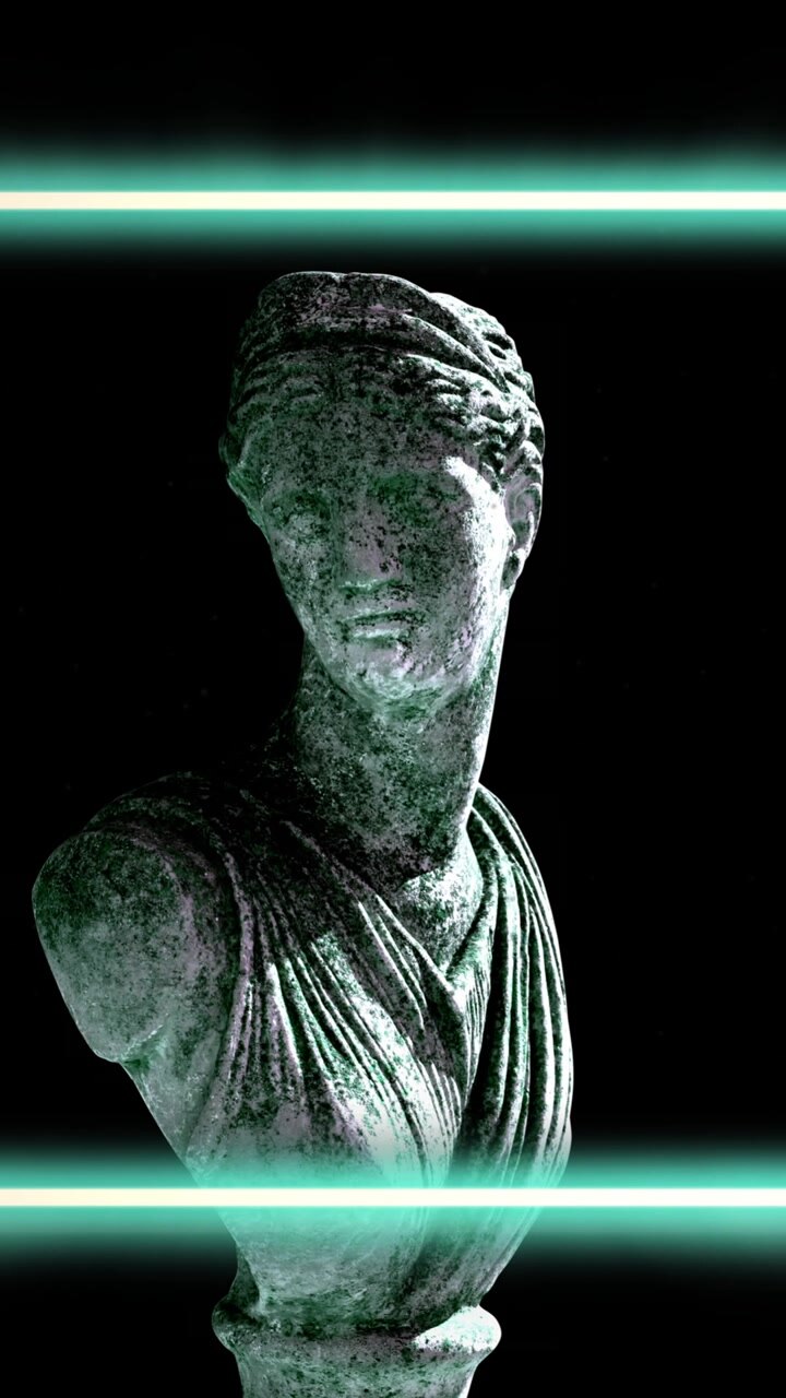 Animazione di scultura grigia di un uomo su forme e foglie