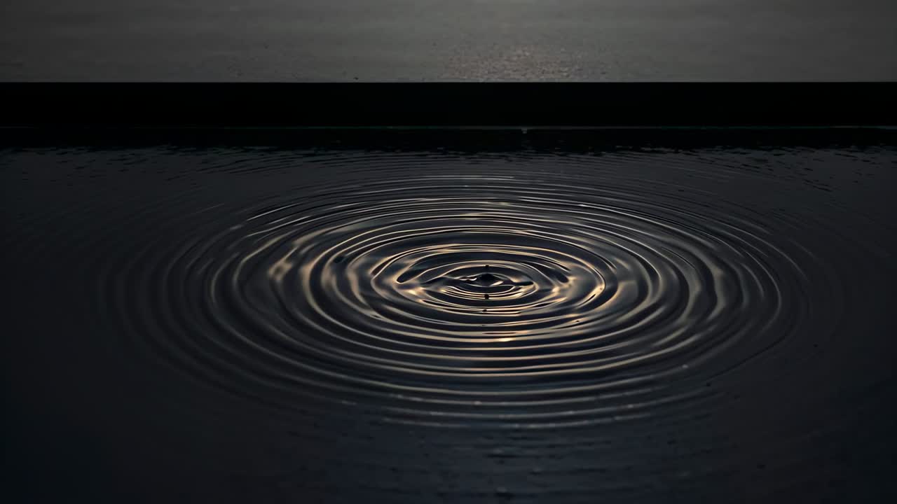 Gota causando ondulações circulares que se expandem para fora em um lago calmo, brilhos de luz e borda escura