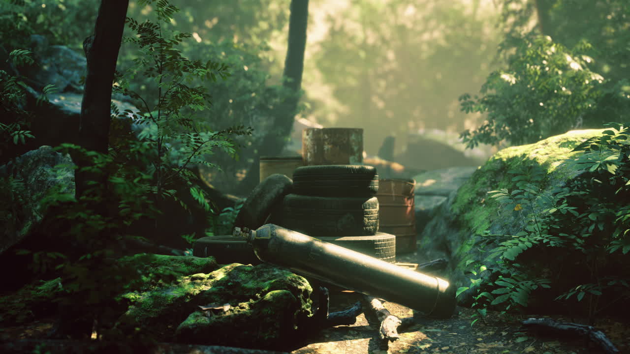 Natural setting featuring discarded tires and containers in a forest