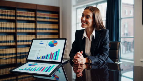businesswoman presenting data on laptop in a professional office setting