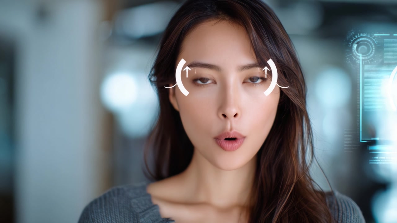 自信に満ちた表情の若い女性の魅惑的なポートレート。先進的な視線追跡技術と、現代的でテクノロジーに特化した環境を背景にしています。