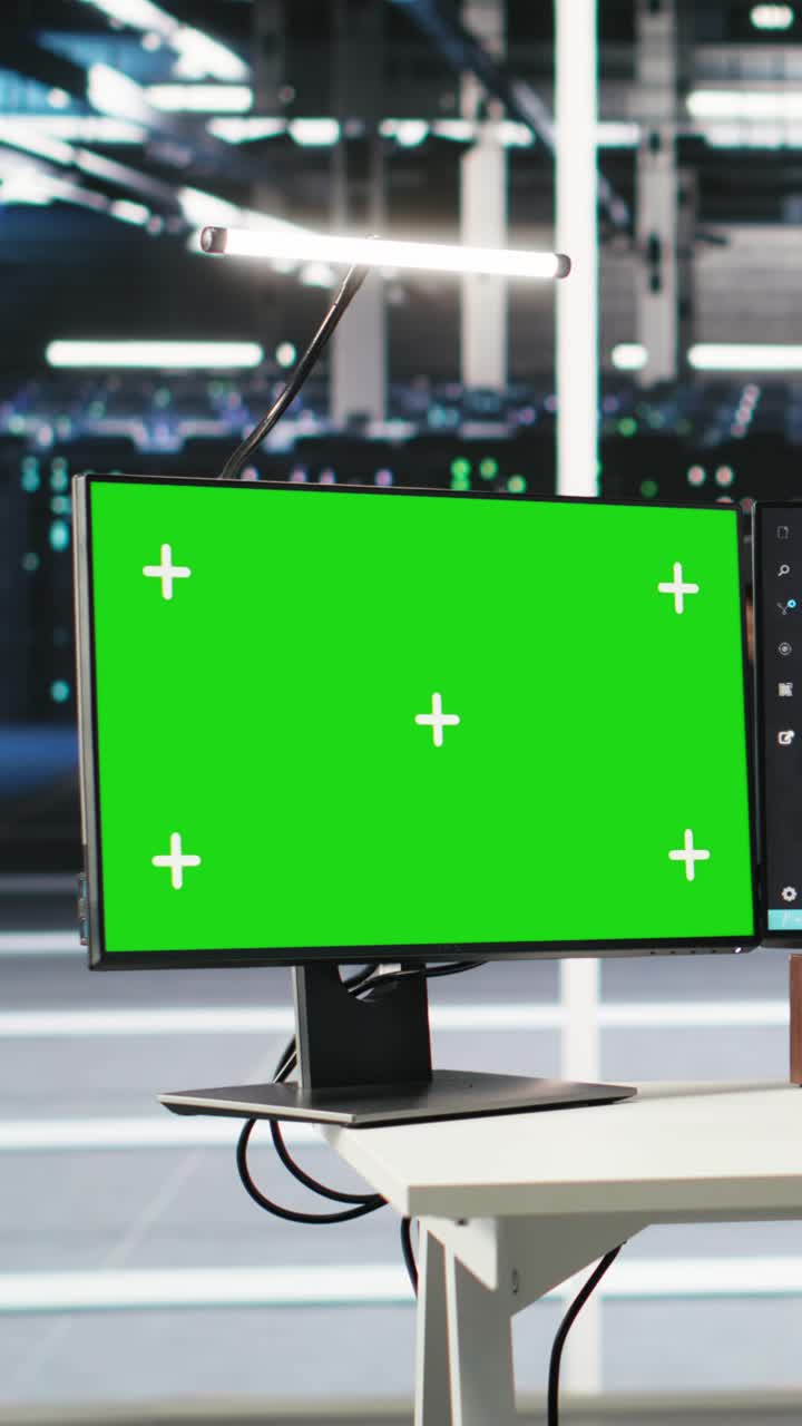 Video verticale: Amministratore di data center in sedia a rotelle che usa il software Ai Node Tree su un PC con schermo verde.