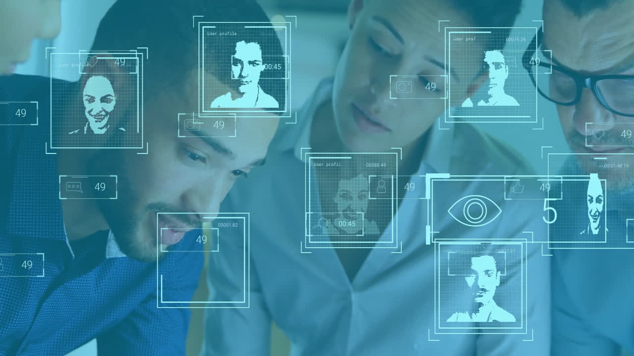 reconocimiento facial y animación de análisis de datos, personas diversas colaborando en la oficina