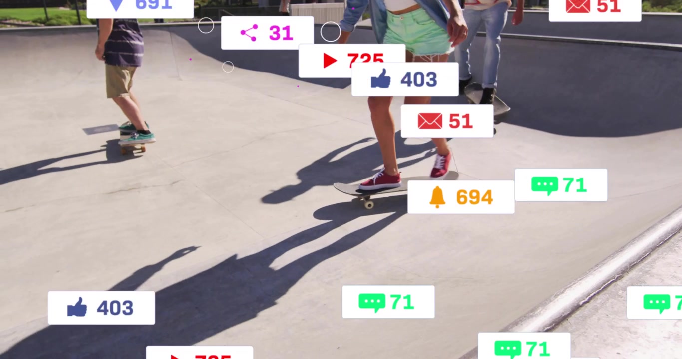 Skaters pushing off and gliding across bowl while floating social media icons showing engagement