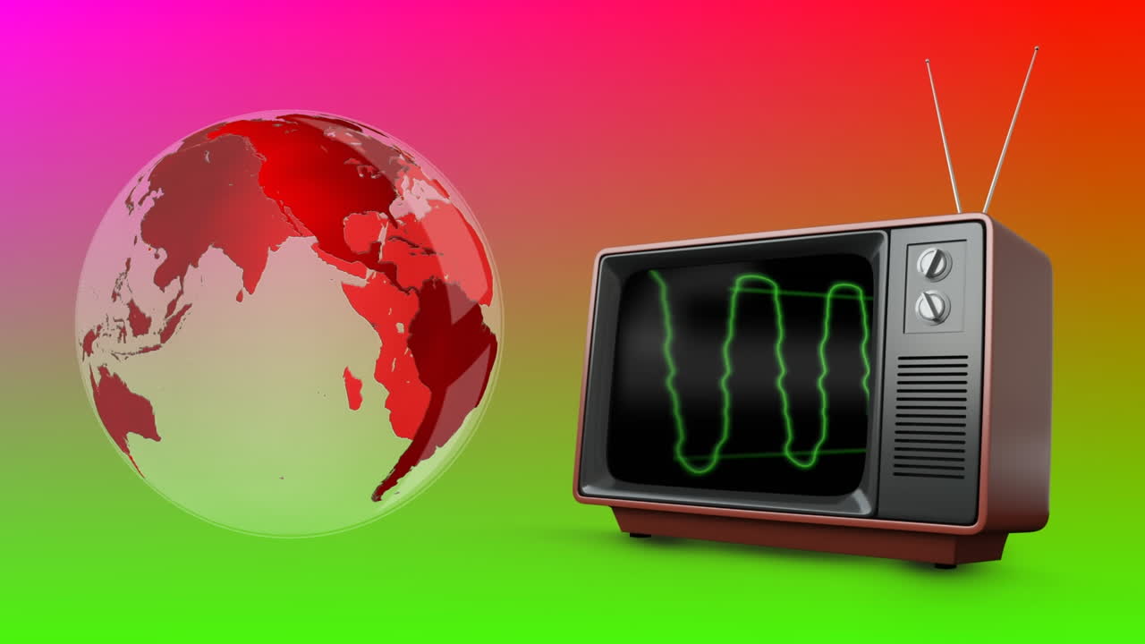animación de la televisión vintage y el globo en un fondo colorido