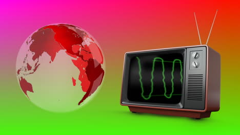 animation of vintage tv and globe on colorful background