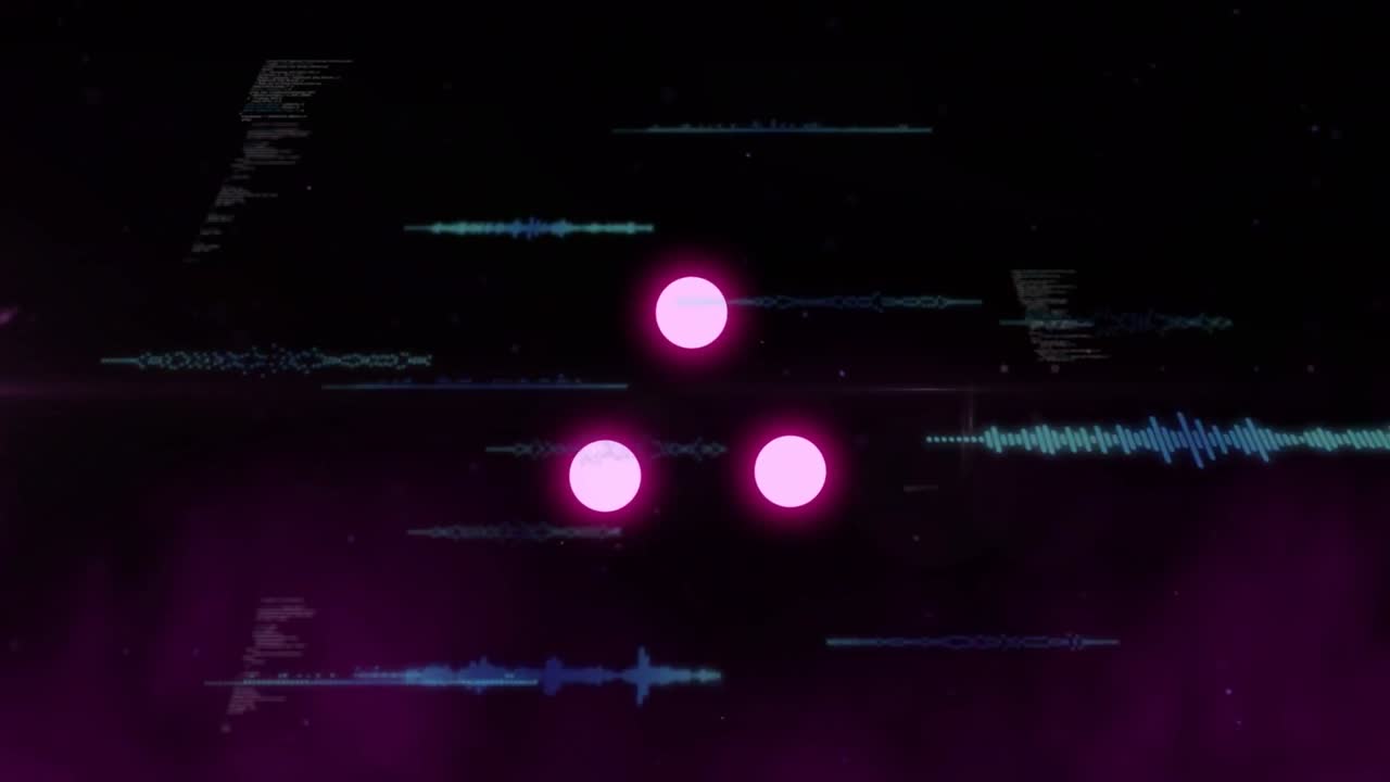 Input audio che aziona tre dischi magenta che pulsano in un visualizzatore musicale scuro, con onde ciano che si muovono.
