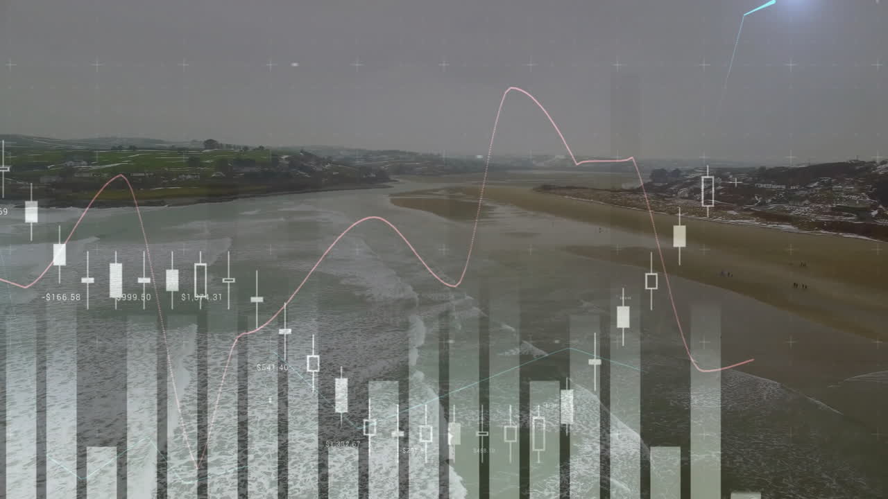 Animation of financial data graphs overlaying coastal landscape with waves and beach
